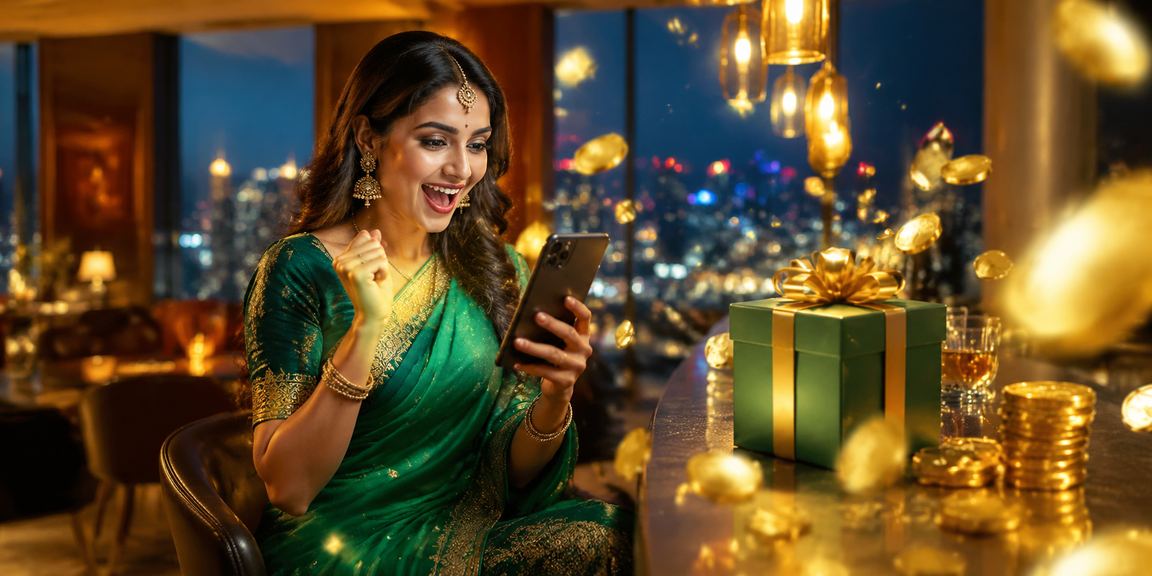 Indian woman checking lottery results on mobile with festive saree