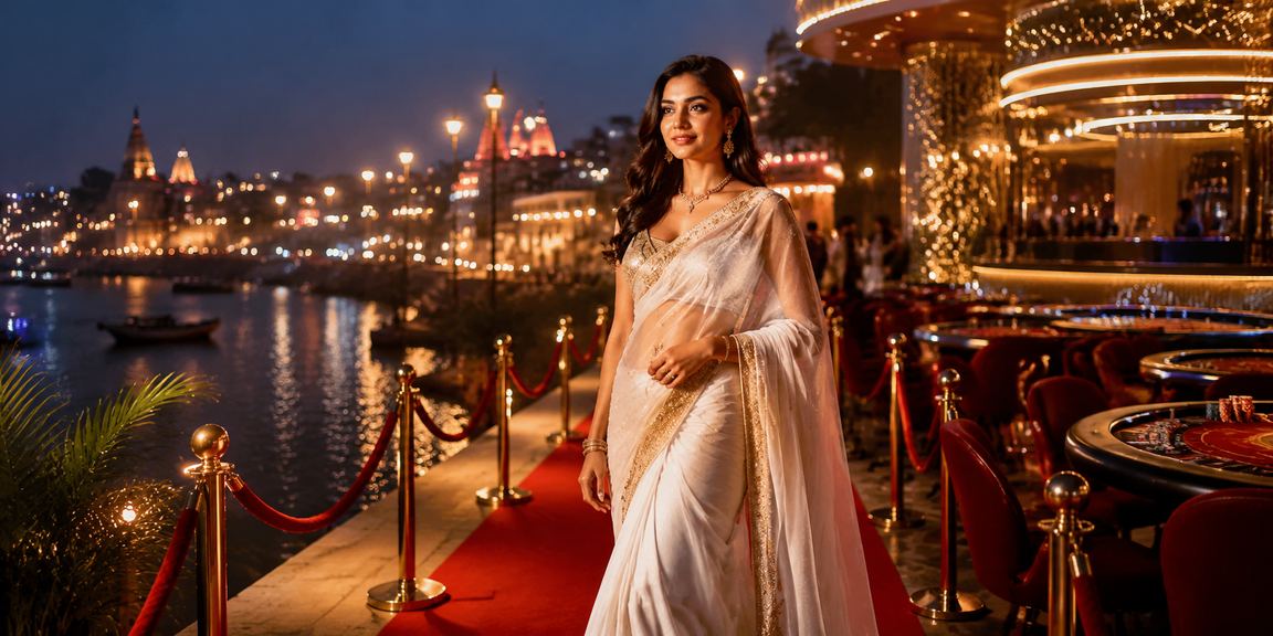 Varanasi ghat with VIP bonus celebration and festive traditional saree